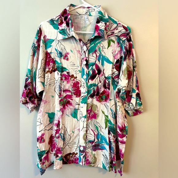 Blue Sky Floral Bamboo/Linen Fair Trade Button Down Flowy Blouse Size L - Picture 1 of 6